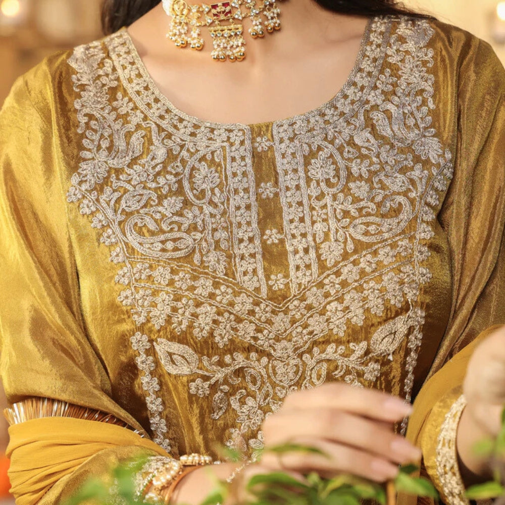 Mustard Yellow With Golden Shimmer Embroidered Kurta Palazzo Set with Dupatta