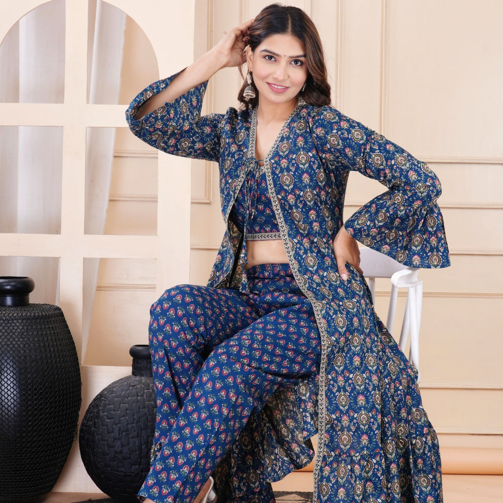Blue Printed Three Piece Co-ord Set with Long Shrug