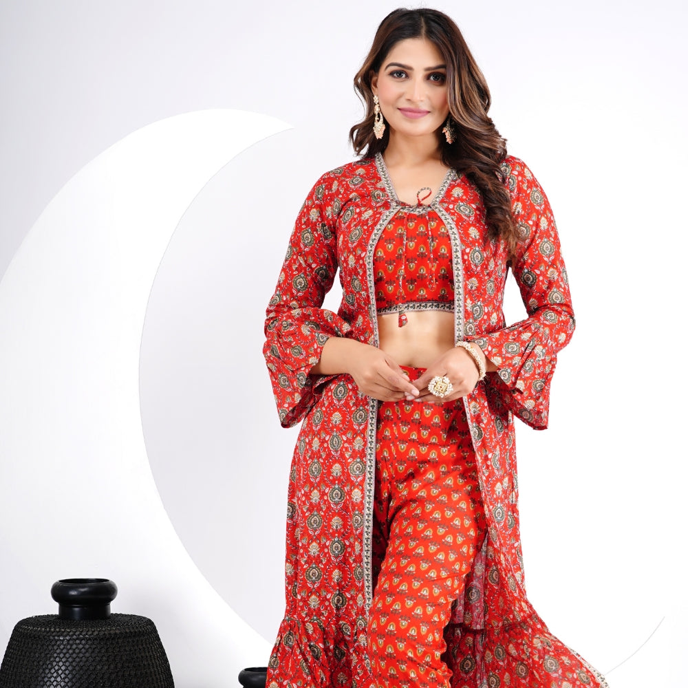 Blue Printed Three Piece Co-ord Set with Long Shrug