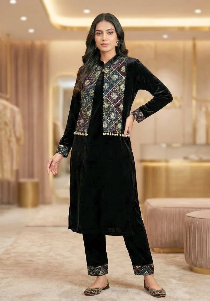 Straight Style Heavy Velvet with Short Jacket – Full Embroidered 3-Piece Set (Black)