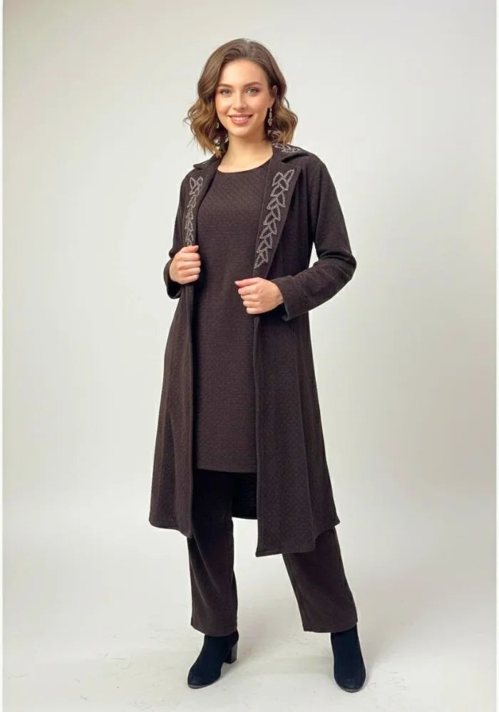 Woolen Shrug Coffee Color 3 pc Set with Top, Bottom and Long Coat/Shrug