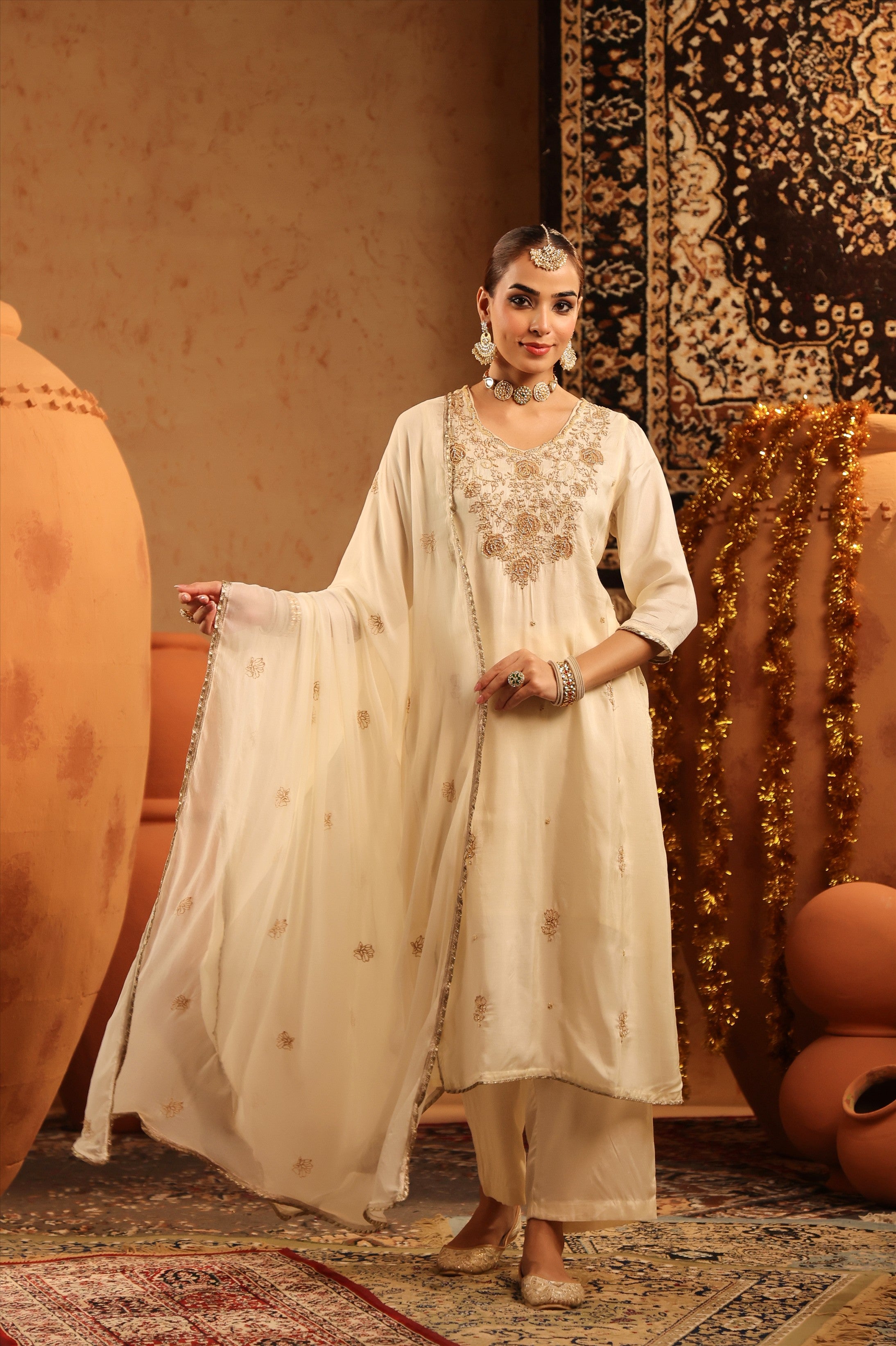 Ivory Embroidery Beaded  Ethnic Suit Set with Dupatta