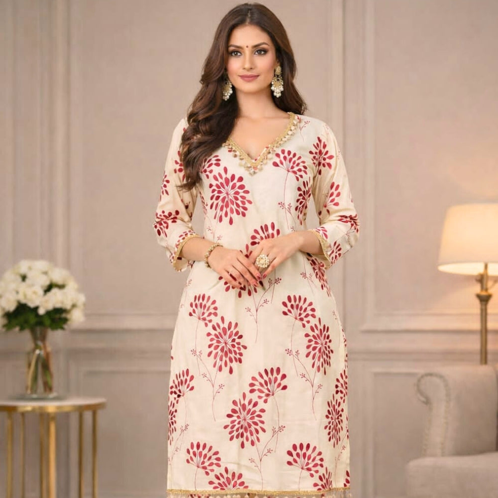 Cream Floral Printed Co-ord Set for Women