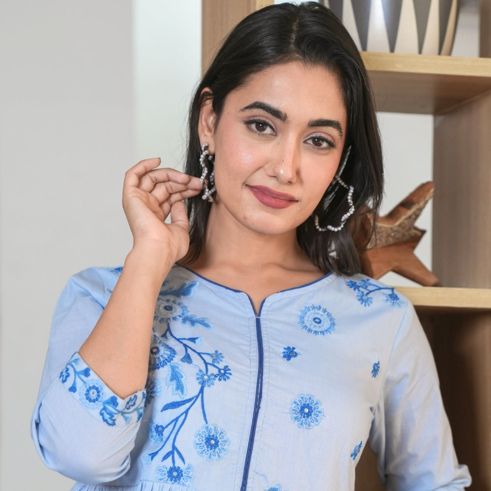 Sky Blue Embroidered Flared Short Dress
