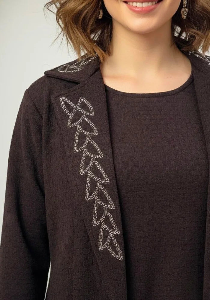 Woolen Shrug Coffee Color 3 pc Set with Top, Bottom and Long Coat/Shrug