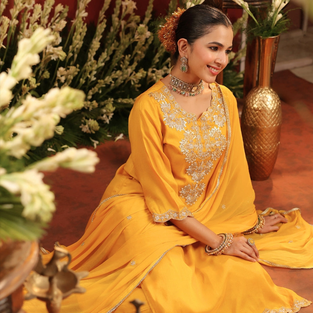 Mustard Yellow Embroidered Kurta Suit Set with Dupatta