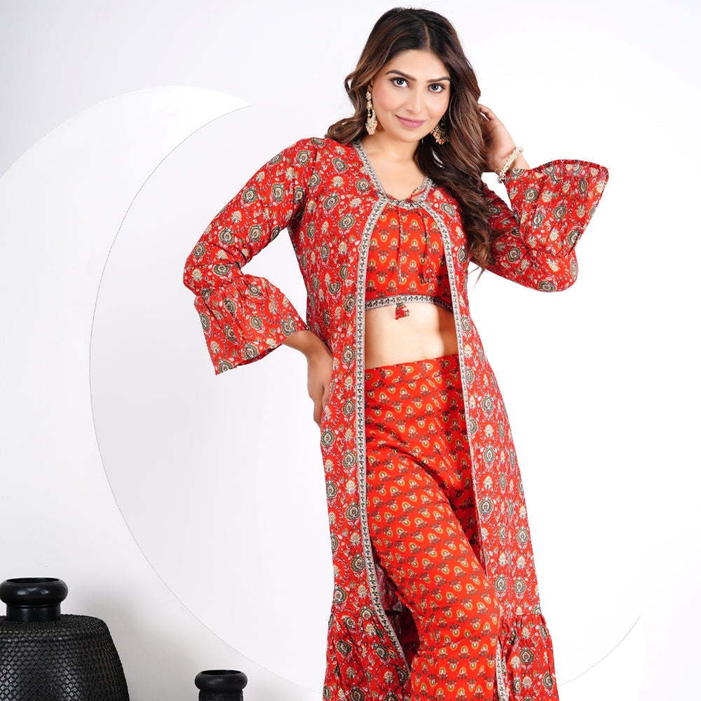 Blue Printed Three Piece Co-ord Set with Long Shrug
