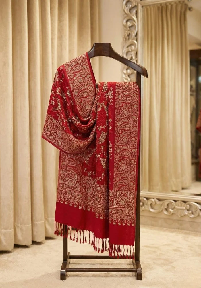 PURE WOOL HEAVY ZARDOZI EMBROIDERY MIRAYA SHAWL (CRIMSON RED)