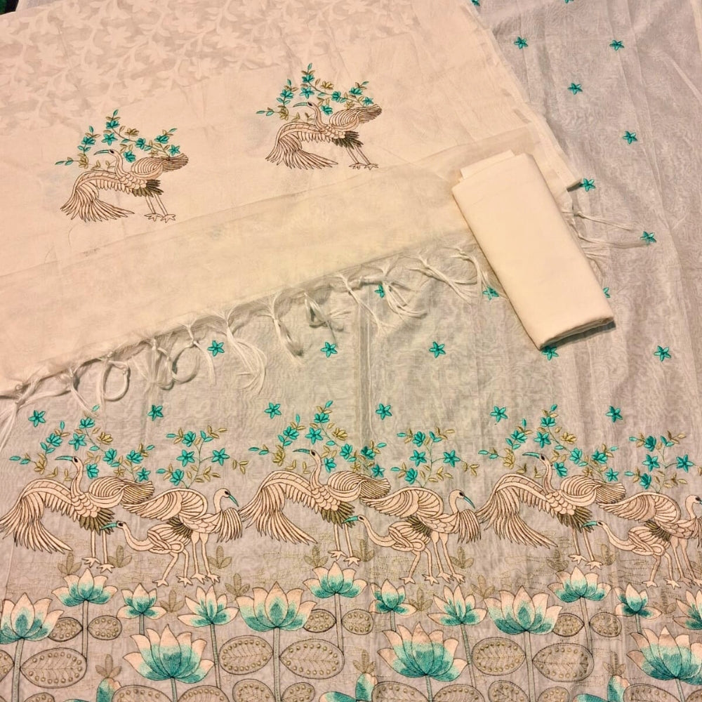 Cream Embroidered Suit Set with Designer Dupatta