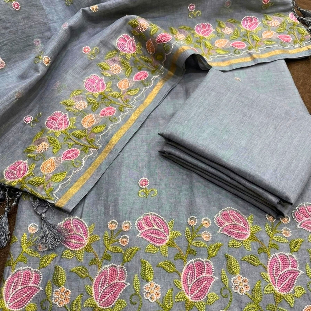 Grey Floral Embroidered Suit Set with Dupatta