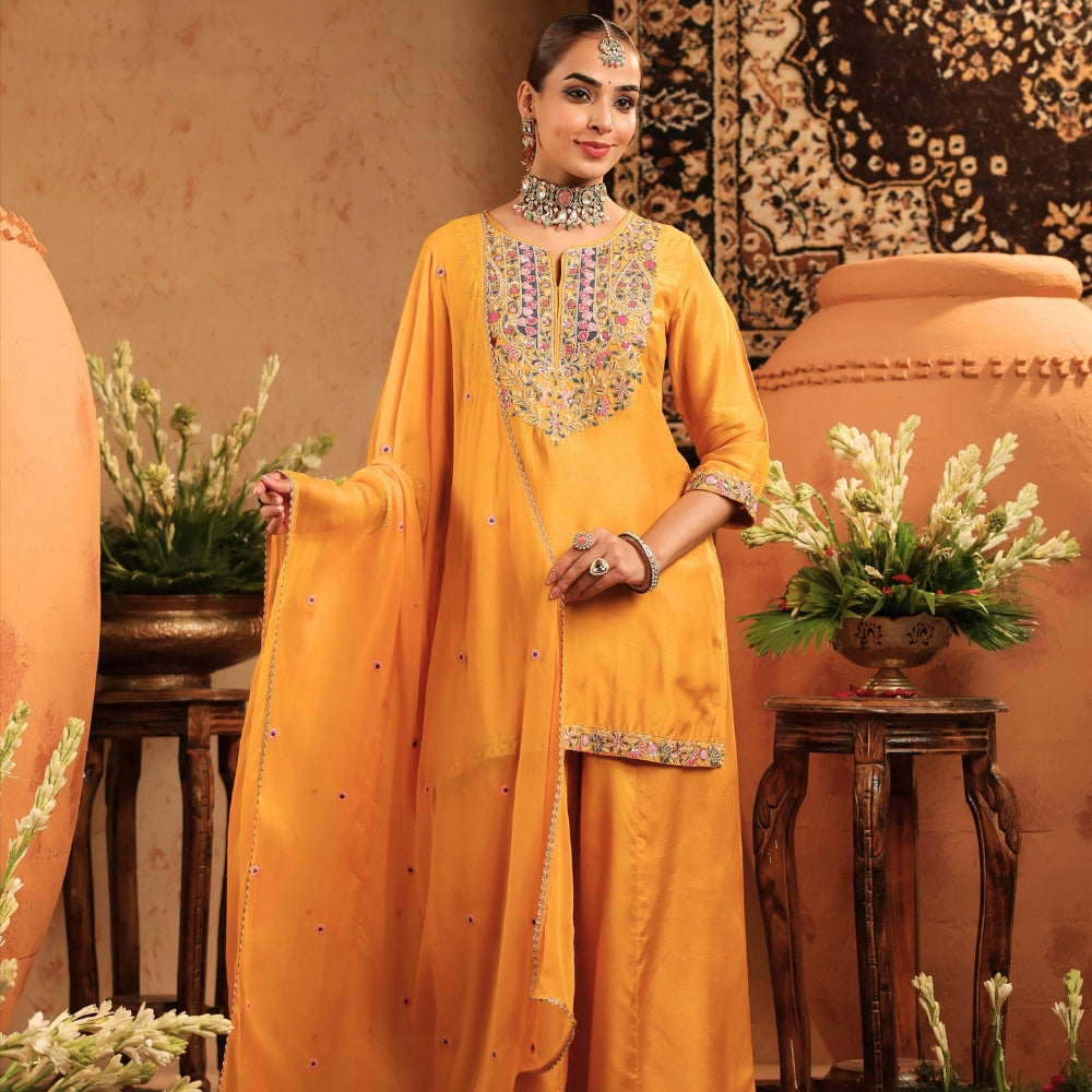 Pink Embroidered Kurta Palazzo Set with Dupatta