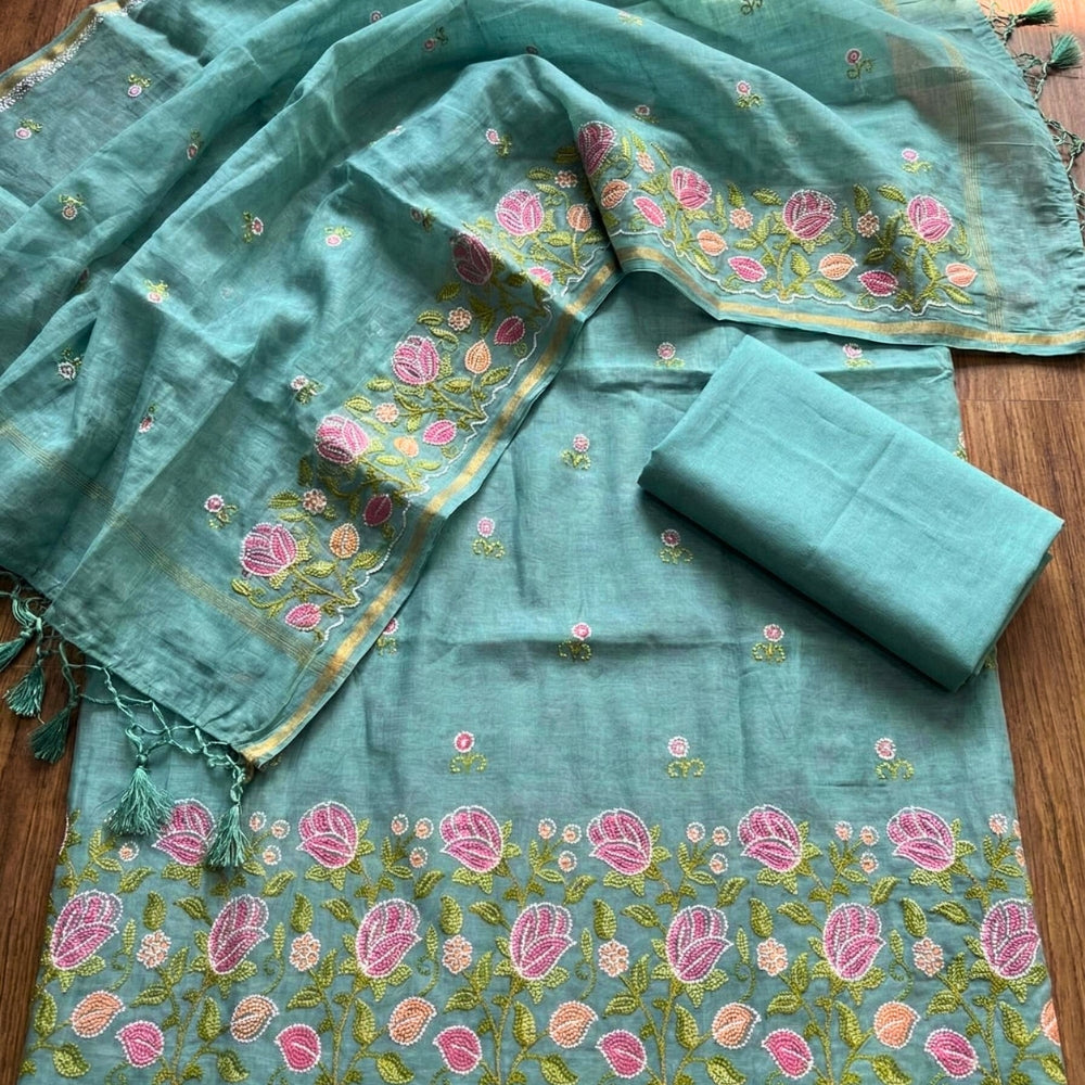 Grey Floral Embroidered Suit Set with Dupatta