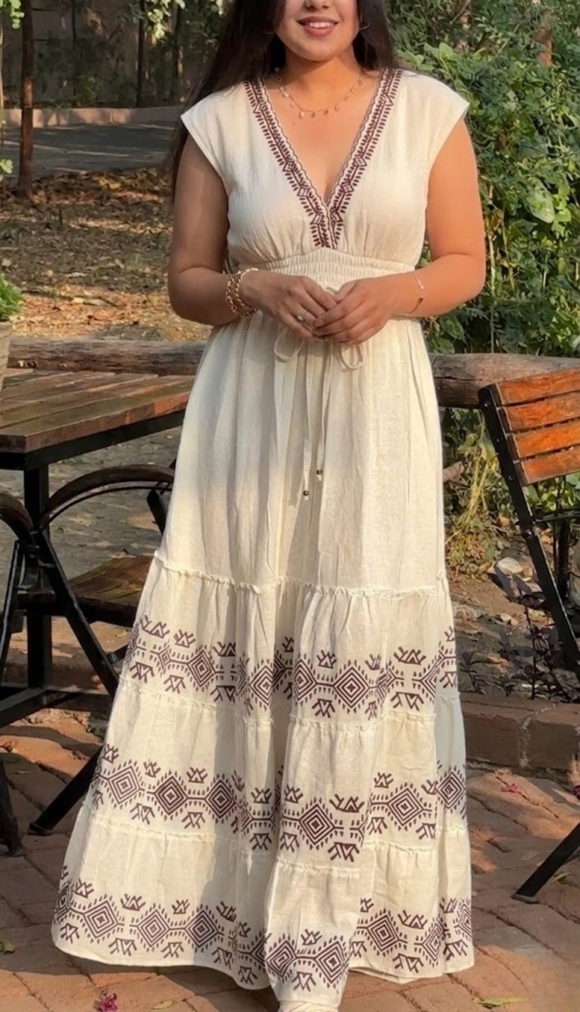 Printed Off-White Linen Dress with Smocked Waist and V-Neck – Linen Cotton Summer Long Dress