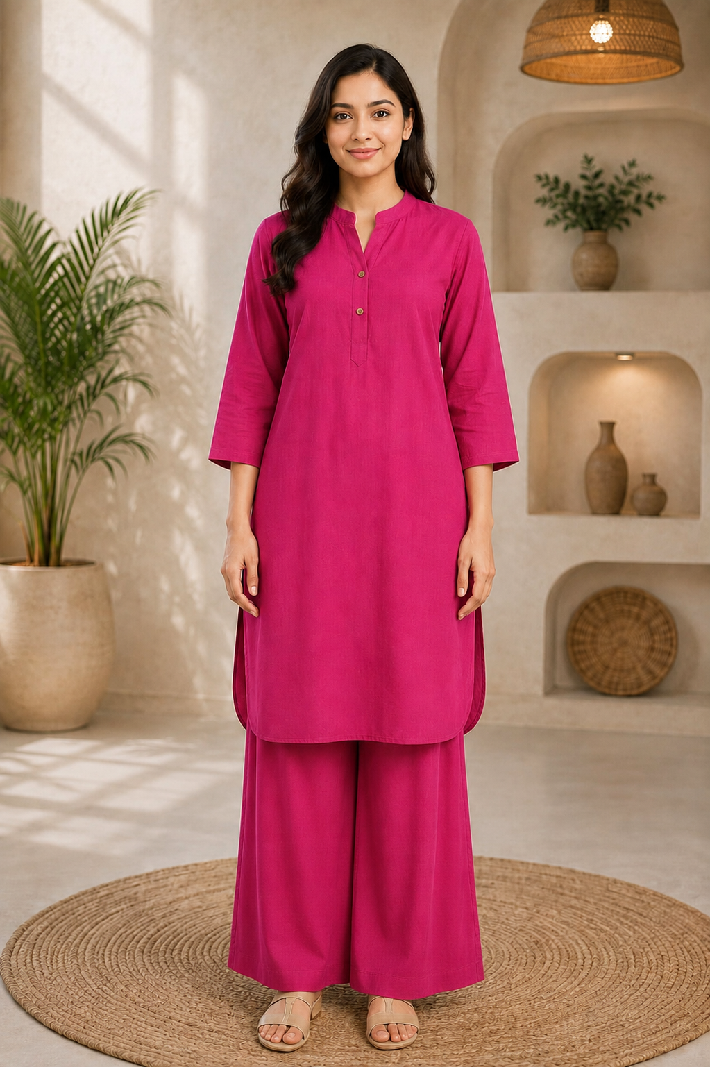 Rani pink solid three-quarter sleeve kurta with matching wide-leg palazzo set for women