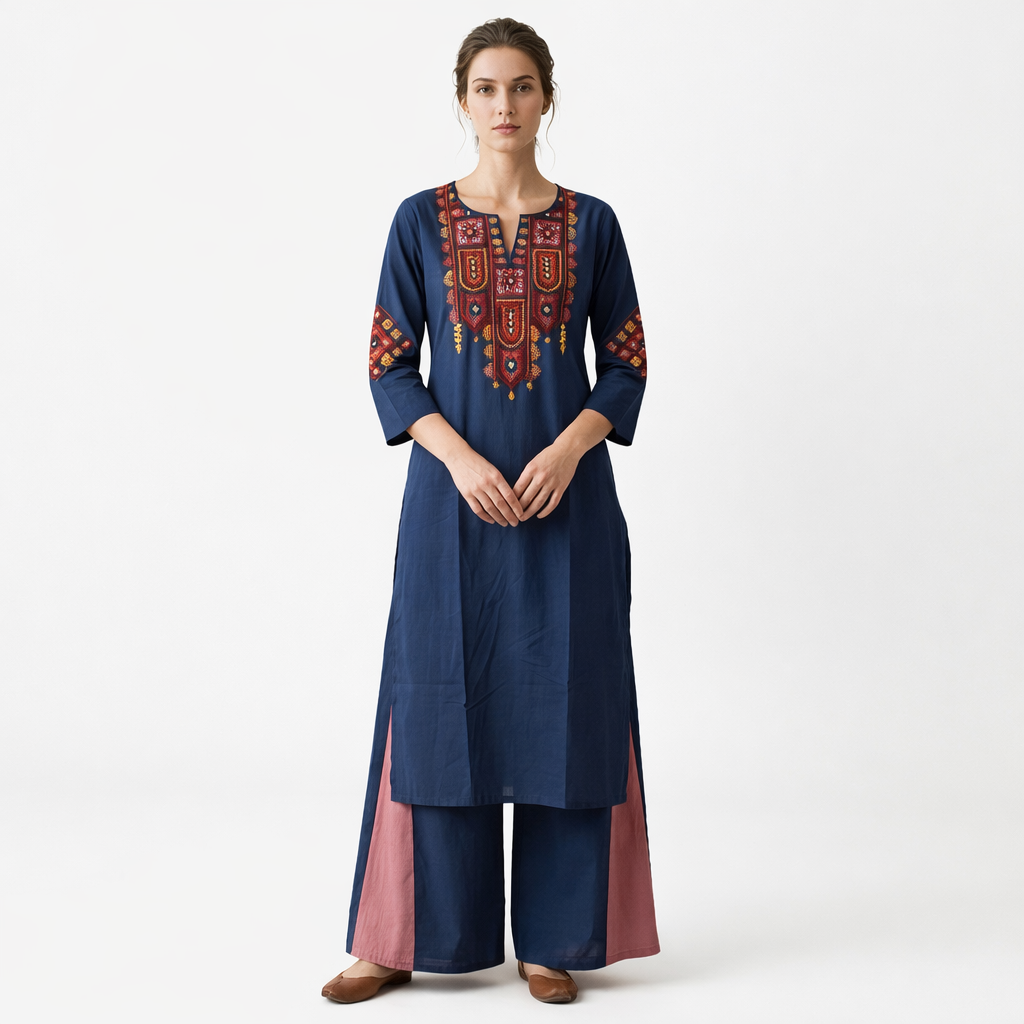 Navy Blue Embroidered Kurta Set for Women