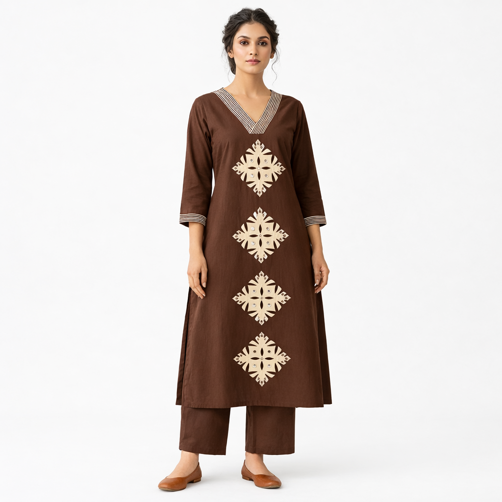 Brown Printed Ethnic Kurta Dress for Women