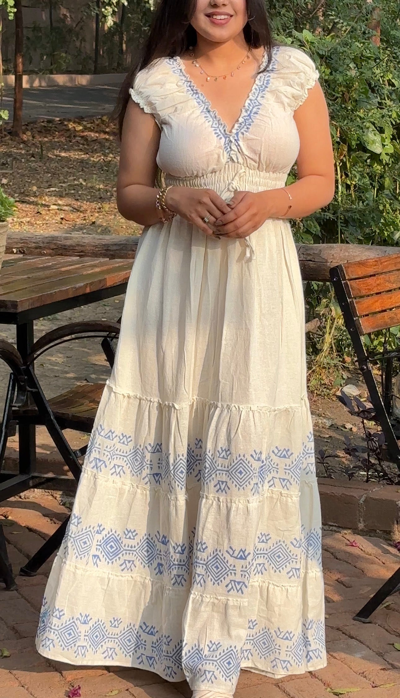 Printed Off-White Linen Dress with Smocked Waist and V-Neck – Linen Cotton Summer Long Dress