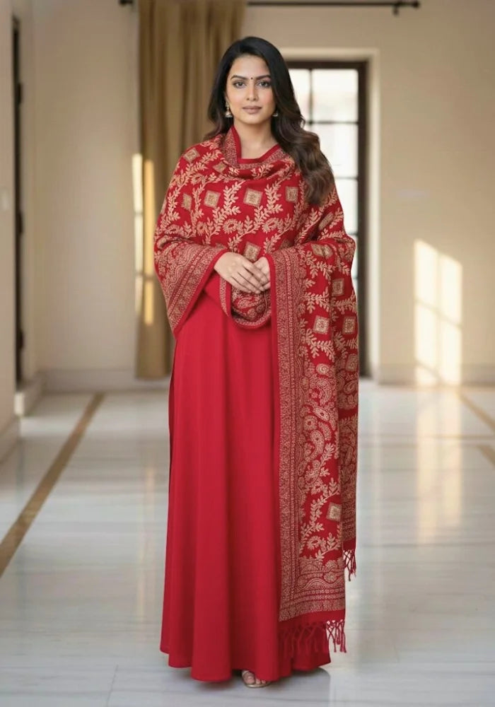 Pure Wool Heavy Embroidery Akshita Wool Shawl Deep Red Zardozi Detailing