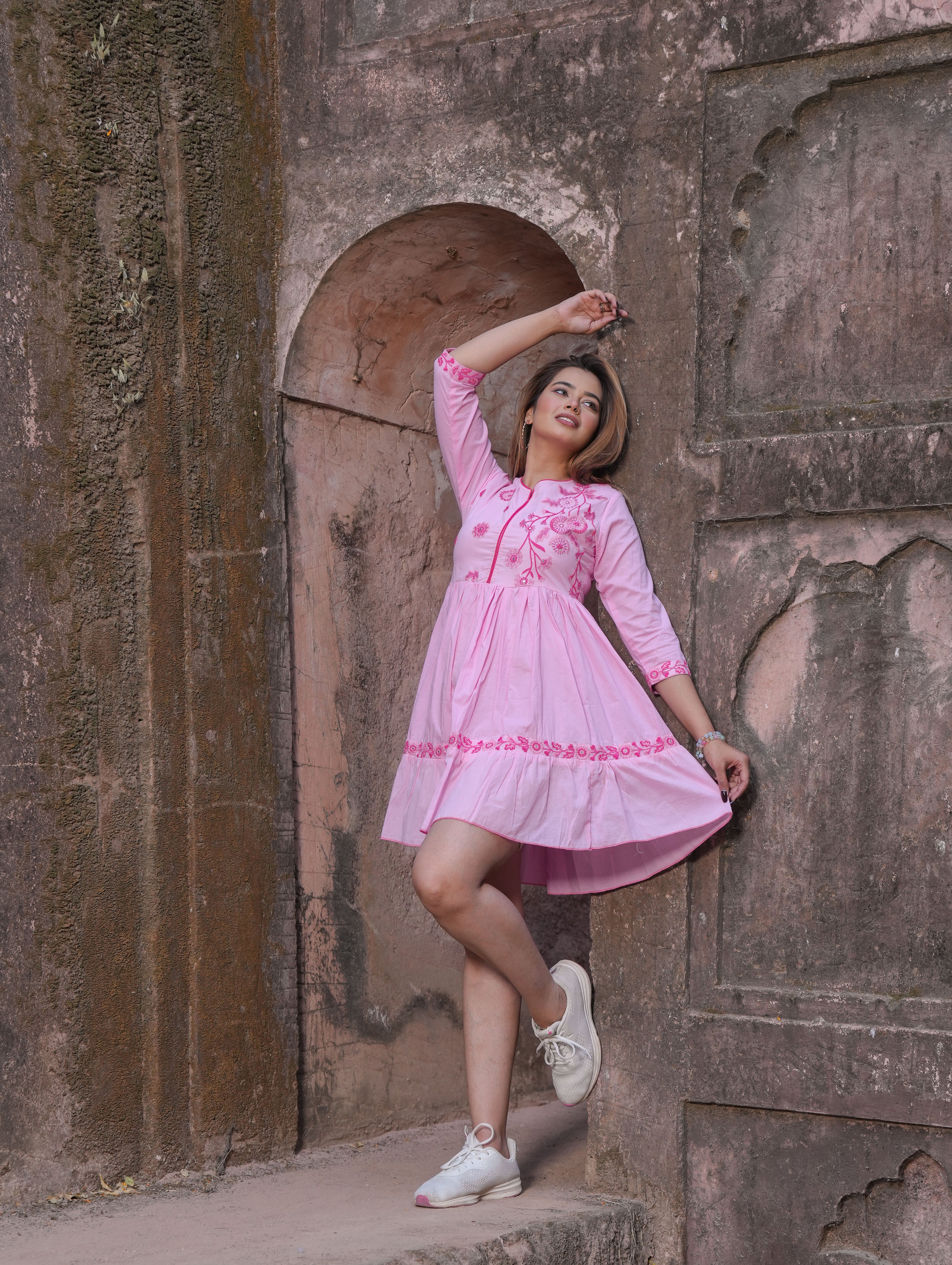 Pink Embroidered Flared Short Dress for Women