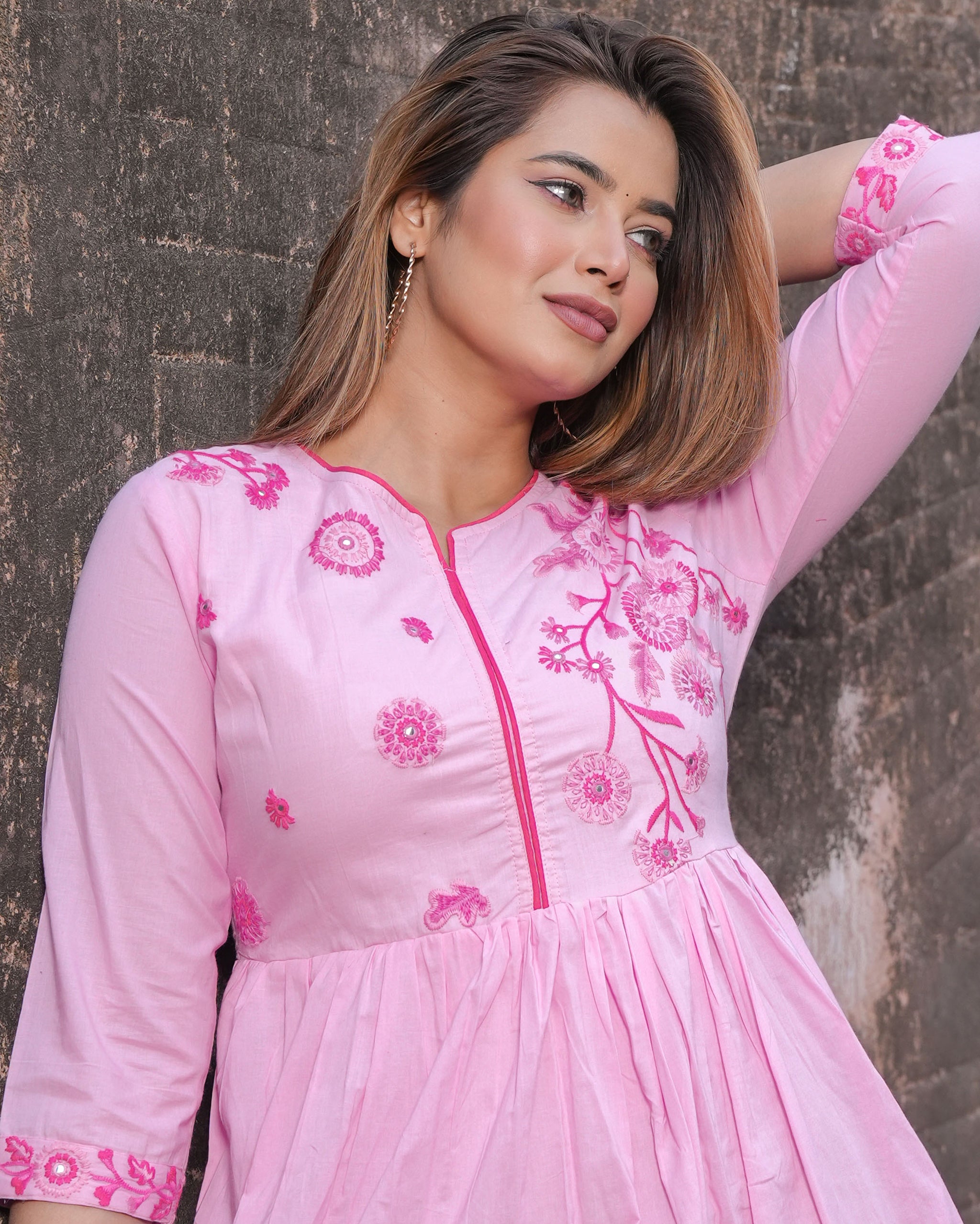 Pink Embroidered Flared Short Dress for Women