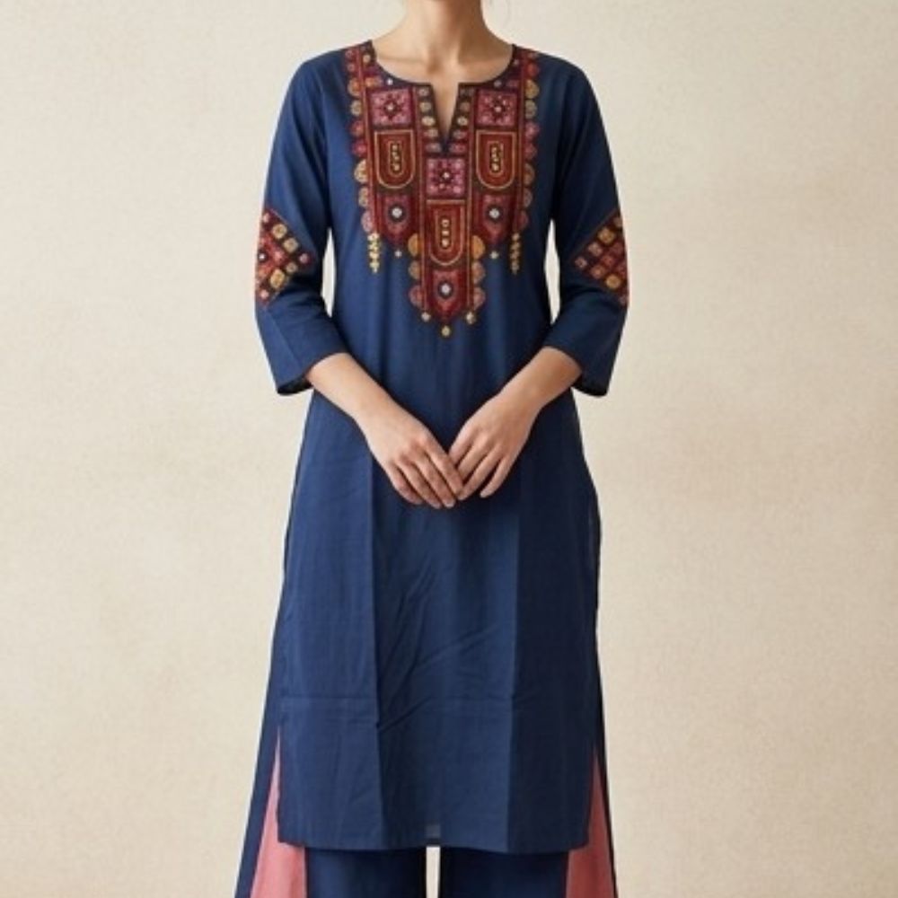 Navy Blue Embroidered Kurta Set for Women