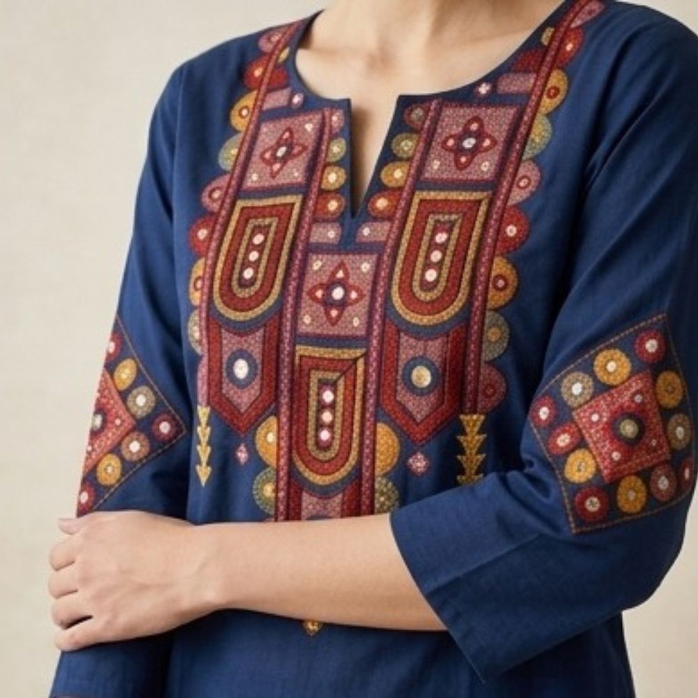 Navy Blue Embroidered Kurta Set for Women