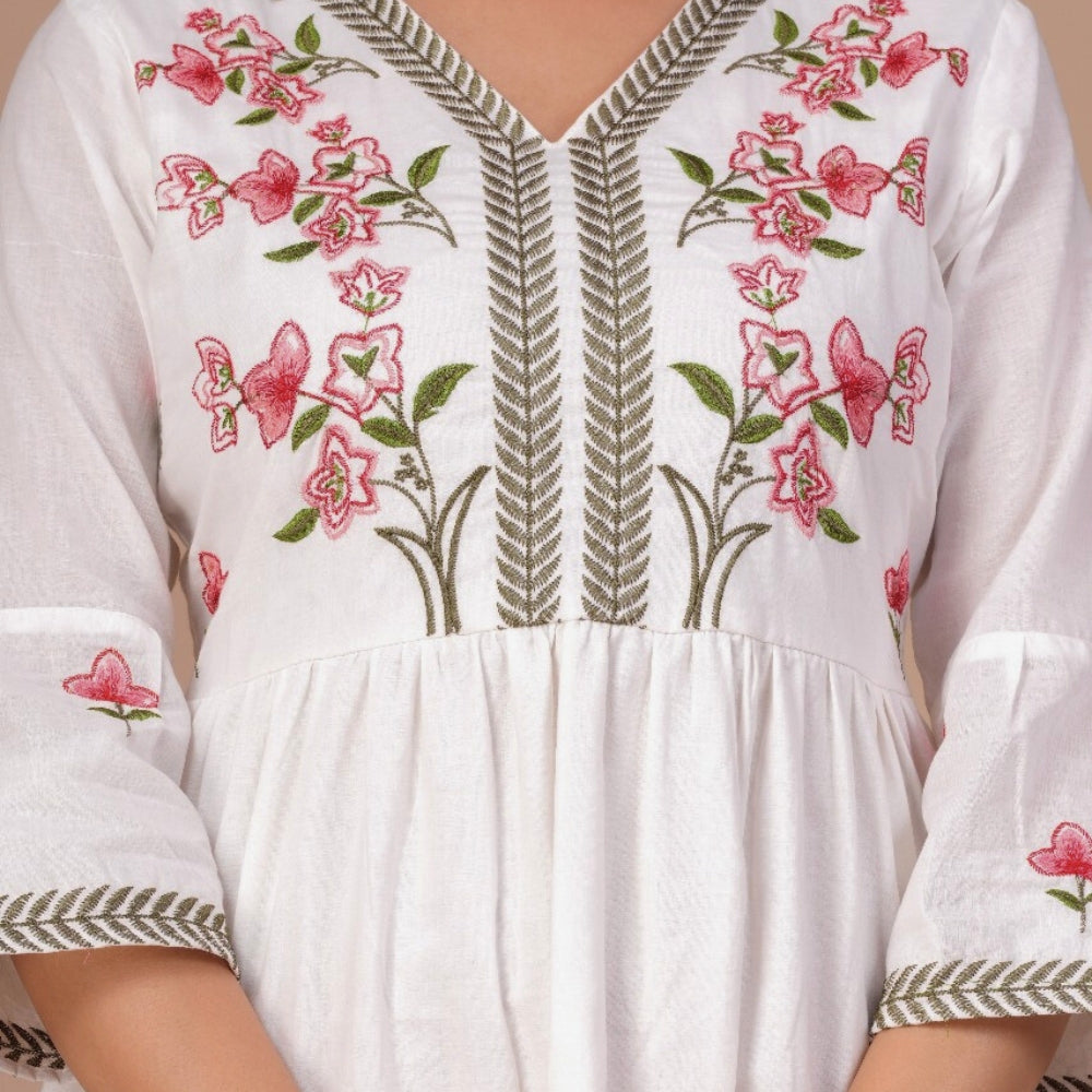 White Floral Embroidered Cotton Flared Dress