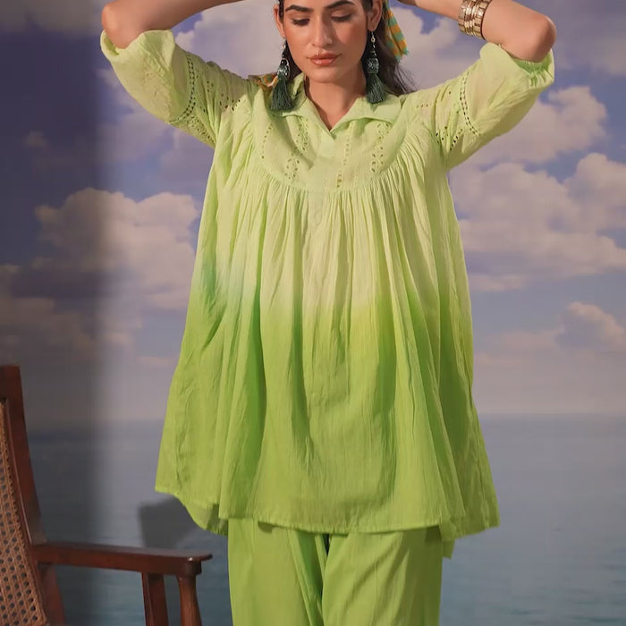  Lime Green Cotton Gathered Co-Ord Set with Straight Pants