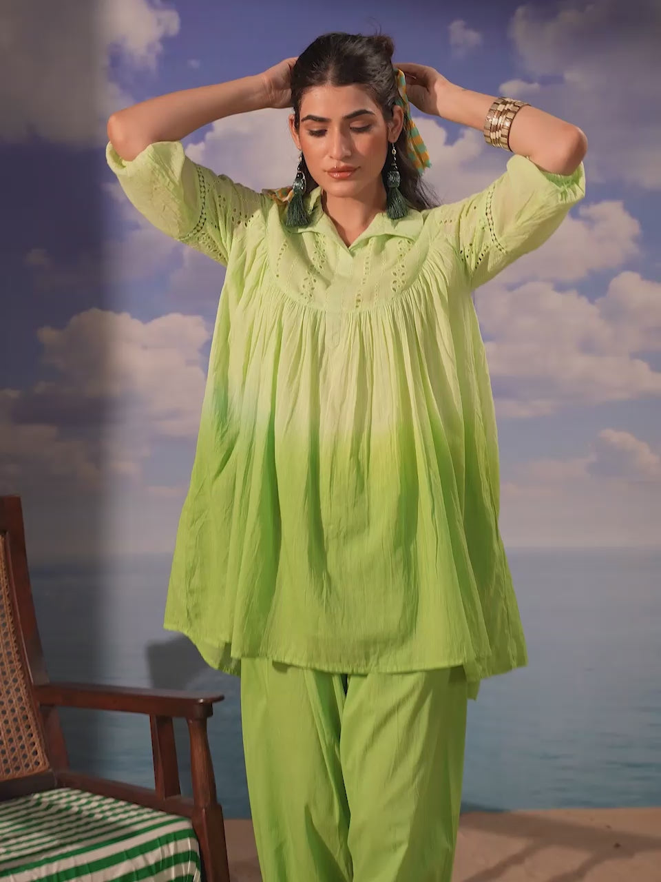  Lime Green Cotton Gathered Co-Ord Set with Straight Pants