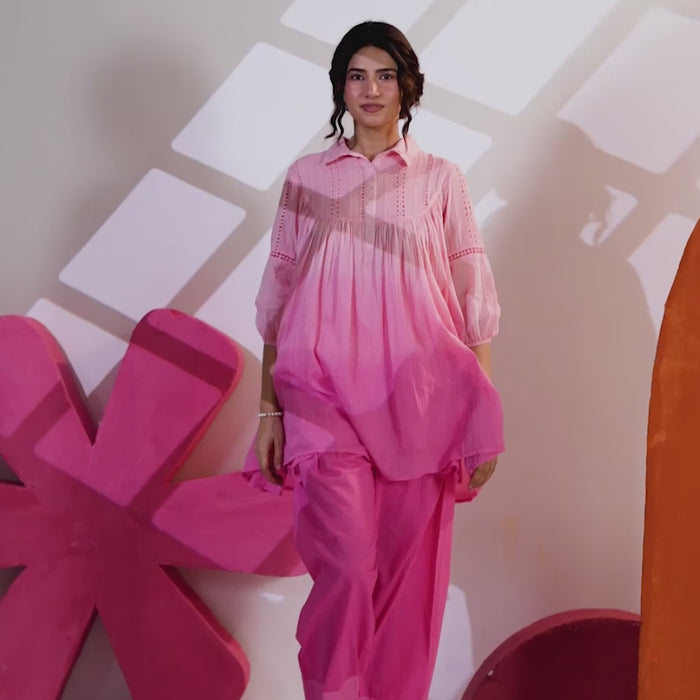 Women's Pink Cotton Gathered Co-Ord Set with Straight Pants