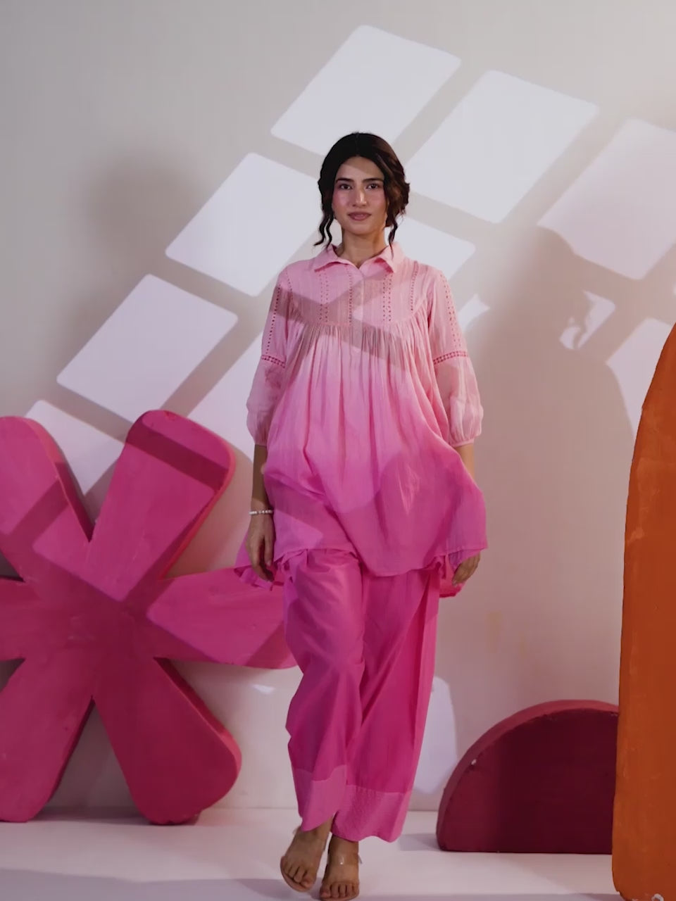 Women's Pink Cotton Gathered Co-Ord Set with Straight Pants