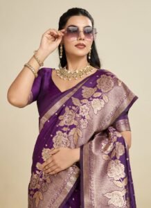 Royal Purple Banarasi Silk Saree with Gold Zari Floral Weaving