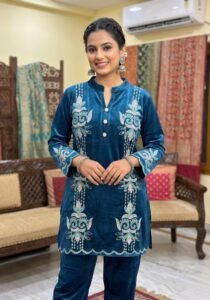 Velvet Co-ord Set with Resham Embroidery – Blue Color