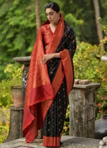 Black & Red Banarasi Silk Saree with Rich Zari Border
