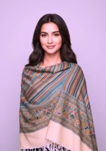 Multicolour Striped Kashmiri Woven Shawl (Teal Blue & Earthy Tones)