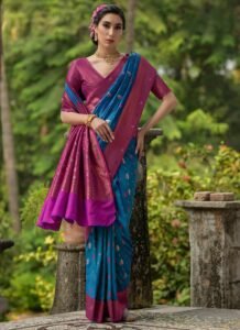 Blue & Magenta Banarasi Silk Saree with Contrast Zari Weaving