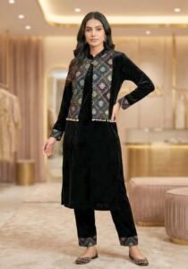 Straight Style Heavy Velvet with Short Jacket – Full Embroidered 3-Piece Set (Black)