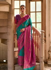 Teal & Rani Pink Banarasi Silk Saree with Traditional Motif Weaving
