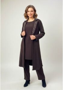 Woolen Shrug Coffee Color 3 pc Set with Top, Bottom and Long Coat/Shrug