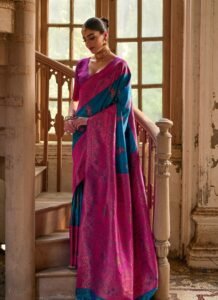Teal Blue & Rani Pink Banarasi Silk Saree with Traditional Motif Weaving
