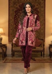 Velvet 3 Pc Pink Color Short Shrug Set – Top, Bottom & Short Coat